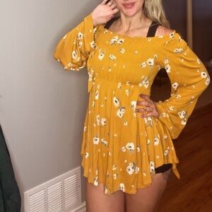 Free People Mustard Yellow Floral Off-Shoulder Tunic